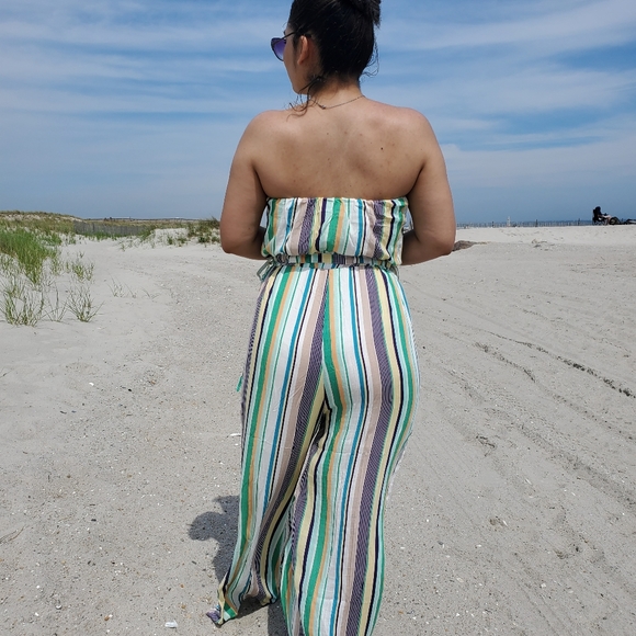 Green Multi Stripe Strapless Lightweight Wide Leg - Picture 3 of 4